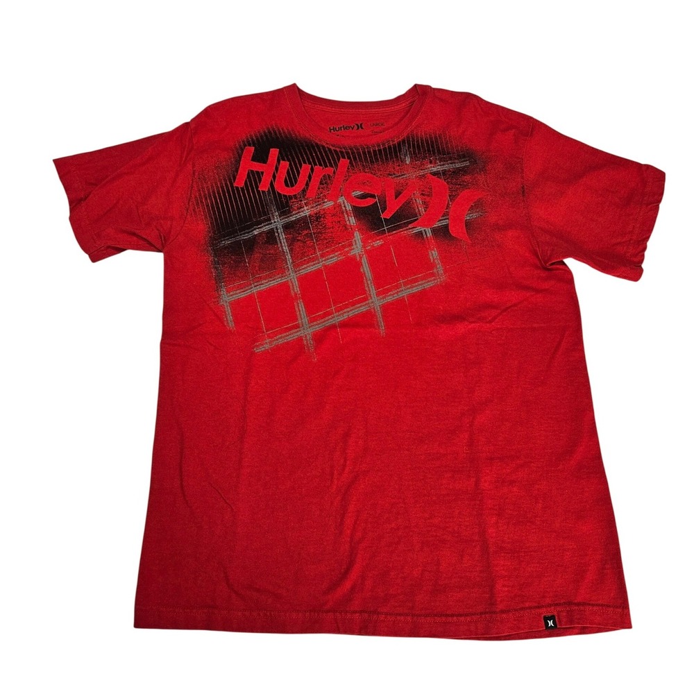 Hurley Mens Graphic T-Shirt Red Distressed Logo Grid Print Size Large Cotton